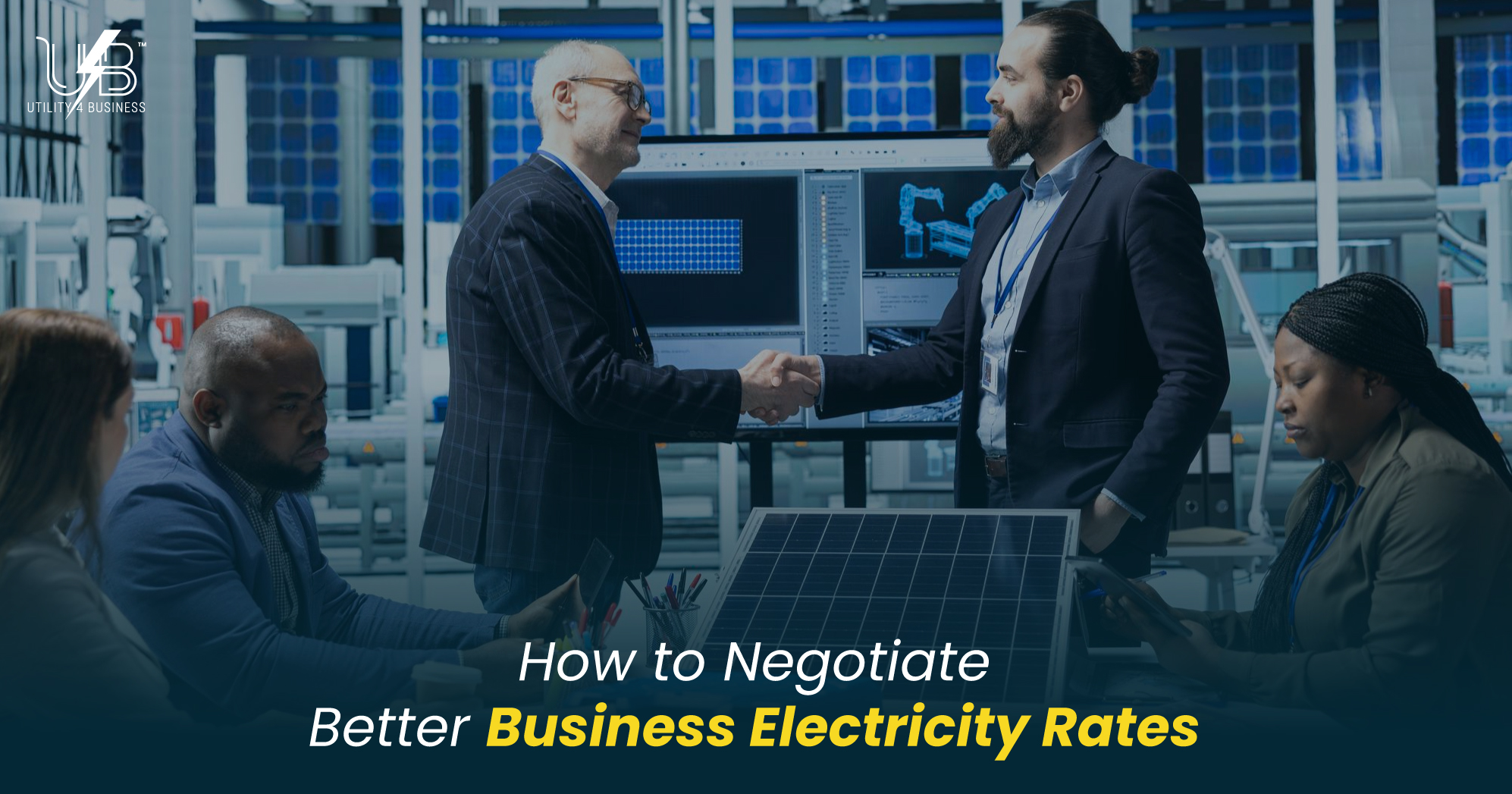 Business electricity rates negotiation in UK office setting—team securing better energy deal through supplier comparison.